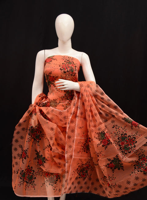 Kota Cotton Printed Dress Material - Peach Color