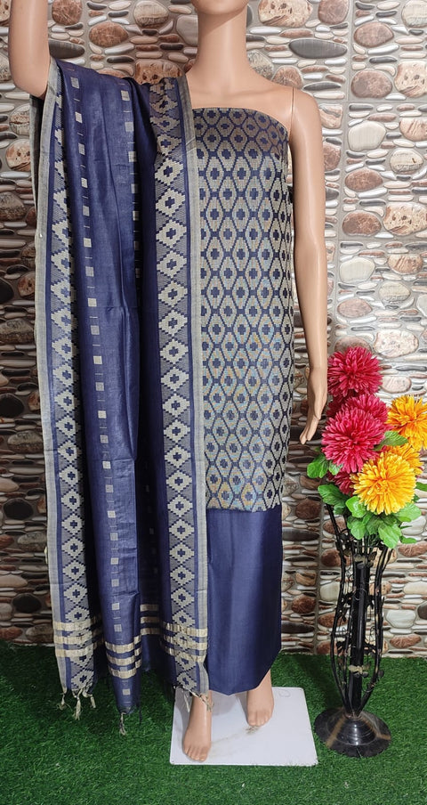 Cotton Silk Dress Material With Woven Design - Blue Color