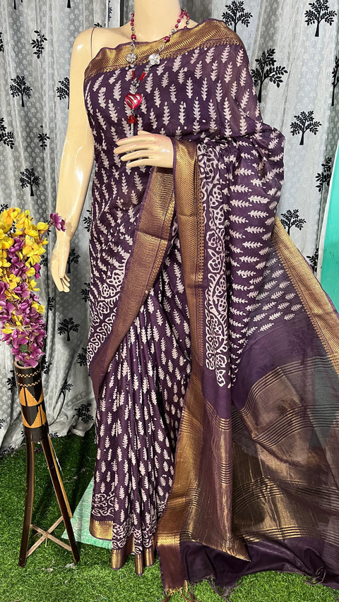 Batik Printed Maheshwari Border Cotton Silk Saree - Purple Colour