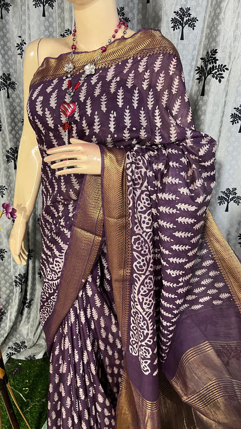 Batik Printed Maheshwari Border Cotton Silk Saree - Purple Colour