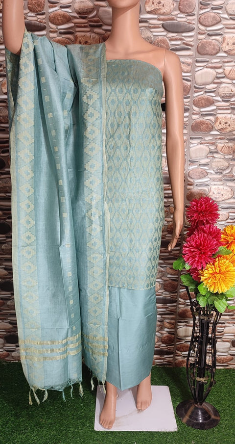 Cotton Silk Dress Material With Woven Design - Sea Blue Color