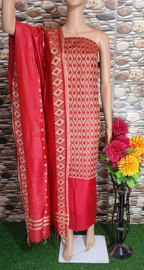 Cotton Silk Dress Material With Woven Design - Red Color