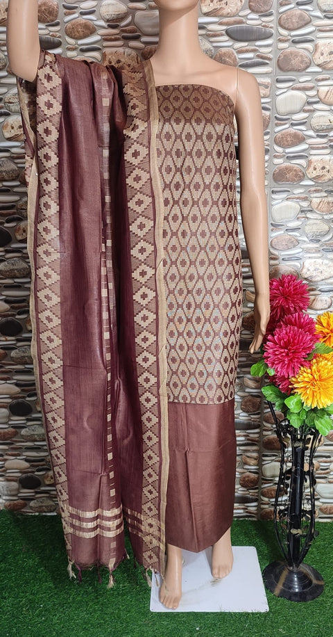 Cotton Silk Dress Material With Woven Design - Brown Color