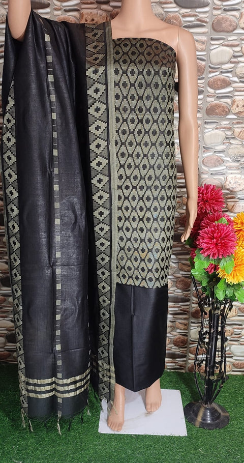 Cotton Silk Dress Material With Woven Design - Black Color