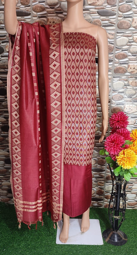 Cotton Silk Dress Material With Woven Design - Maroon Color