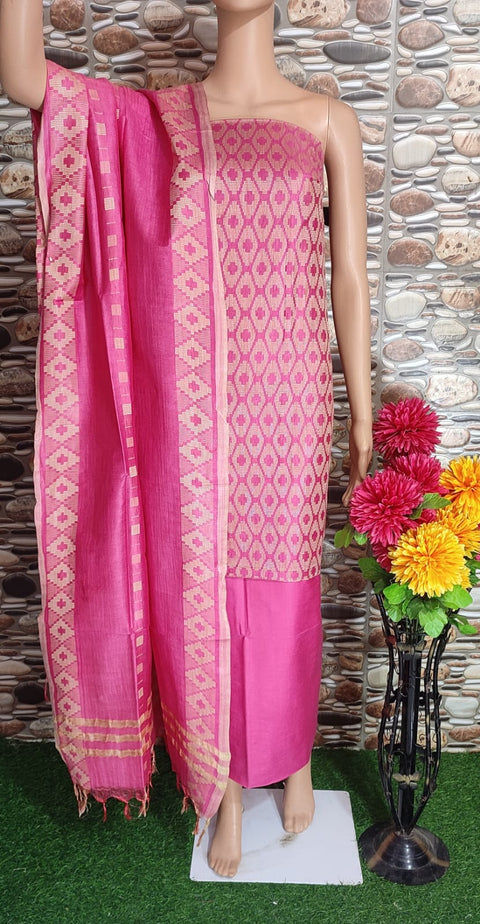 Cotton Silk Dress Material With Woven Design - Pink Color
