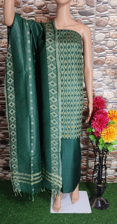 Cotton Silk Dress Material With Woven Design - Green Color