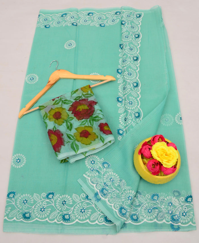 Kota Cotton Mix Embroidered Work Saree - Sea Green Color