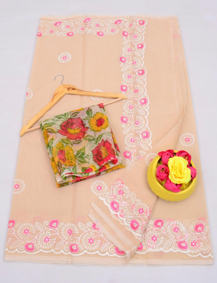 Kota Cotton Mix Embroidered Work Saree - Light Wood Color