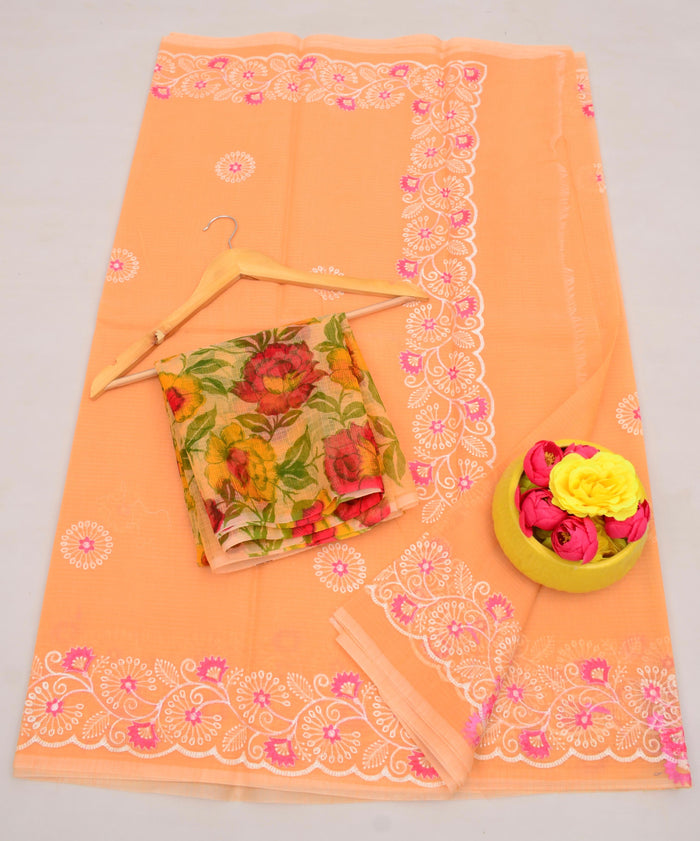 Kota Cotton Mix Embroidered Work Saree - Peach Color
