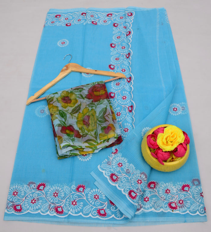 Kota Cotton Mix Embroidered Work Saree - Blue Color