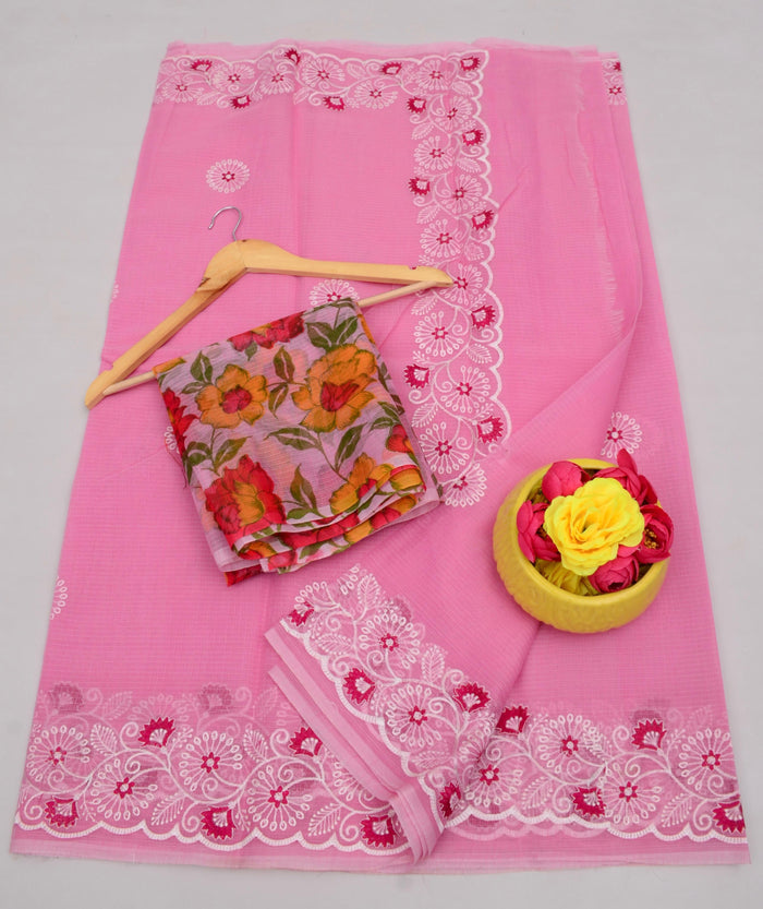 Kota Cotton Mix Embroidered Work Saree - Pink Color