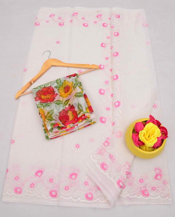 Kota Cotton Mix Embroidered Work Saree - White Color