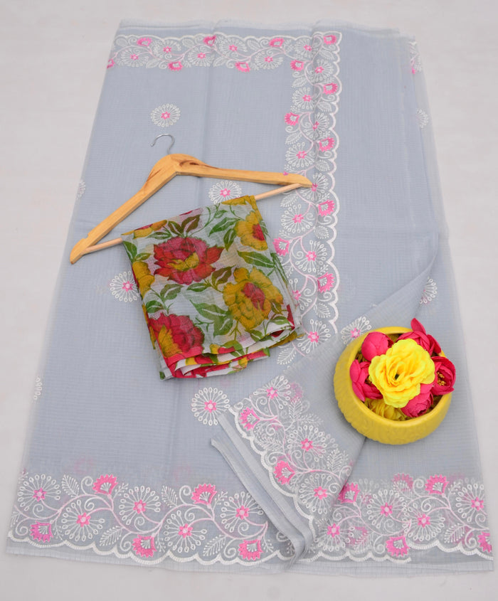 Kota Cotton Mix Embroidered Work Saree - Grey Color