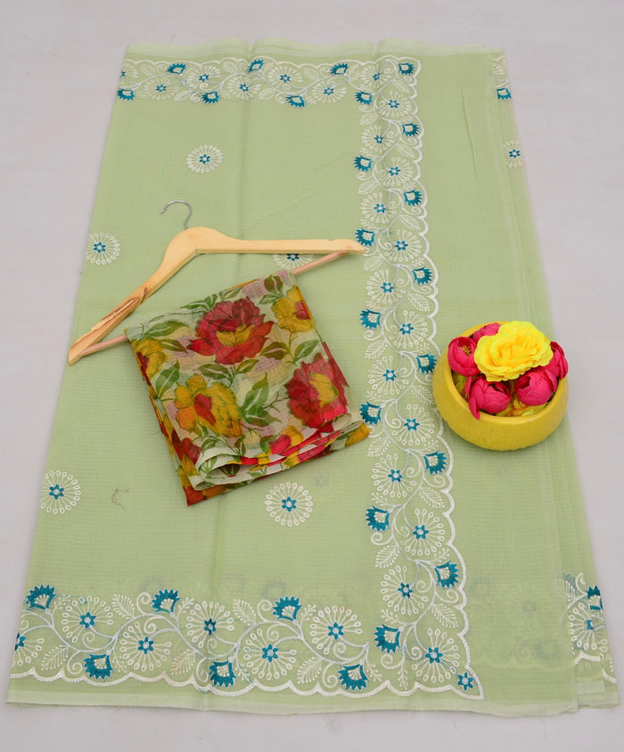 Kota Cotton Mix Embroidered Work Saree - Green Color