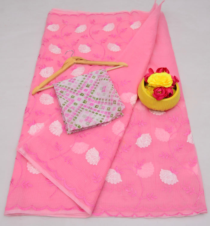 Kota Cotton Embroidered Work Saree - Pink Color