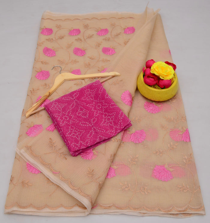 Kota Cotton Embroidered Work Saree - Wood Color