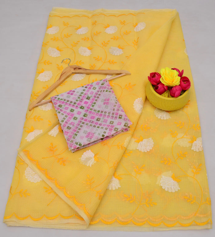 Kota Cotton Embroidered Work Saree - Yellow Color