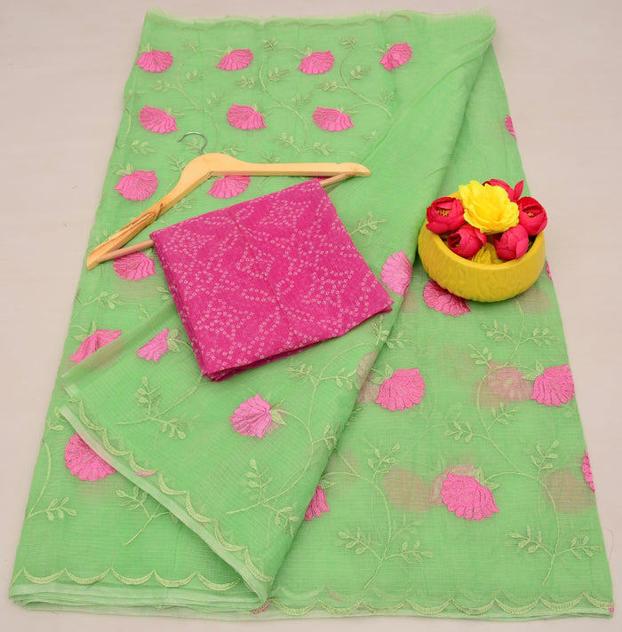 Kota Cotton Embroidered Work Saree - Green Color