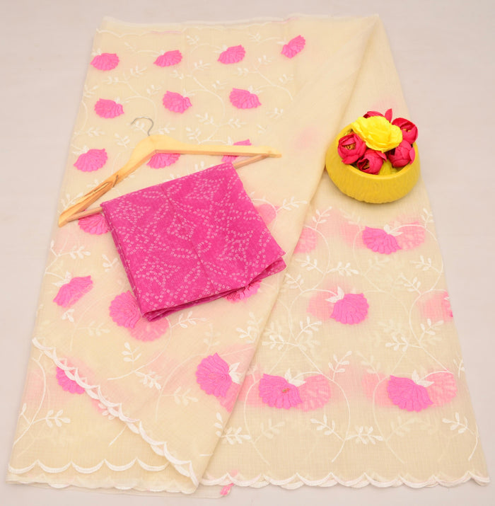 Kota Cotton Embroidered Work Saree - Off White Color