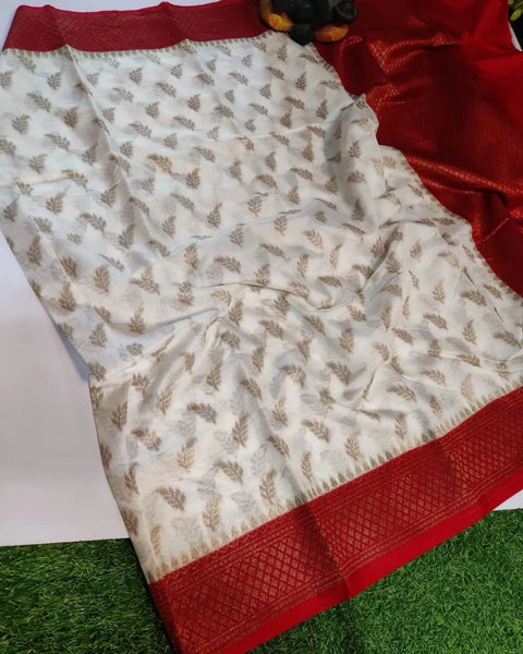 Banarasi Dupion Silk Zari Woven Saree - White Color