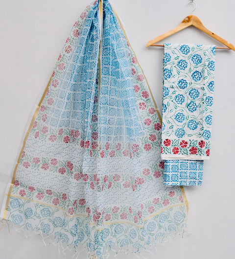 Block Printed Kota Doria Dupatta With Pure Cotton Dress Material - Design No. 4