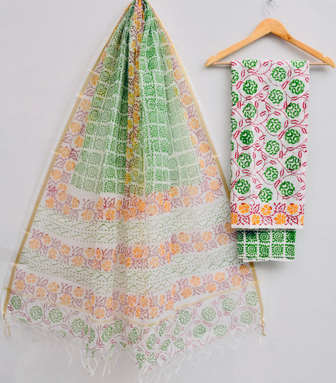 Block Printed Kota Doria Dupatta With Pure Cotton Dress Material - Design No. 3