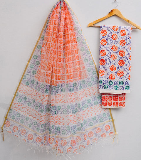Block Printed Kota Doria Dupatta With Pure Cotton Dress Material - Design No. 2