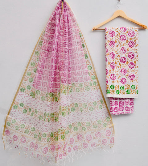 Block Printed Kota Doria Dupatta With Pure Cotton Dress Material - Design No. 1