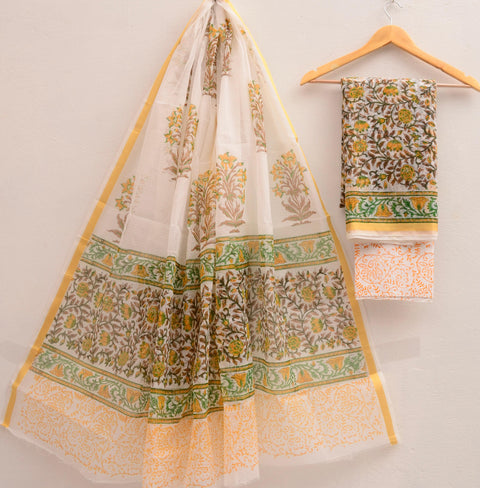 Hand Block Printed Kota Doria Cotton Dress Material -Design No 5