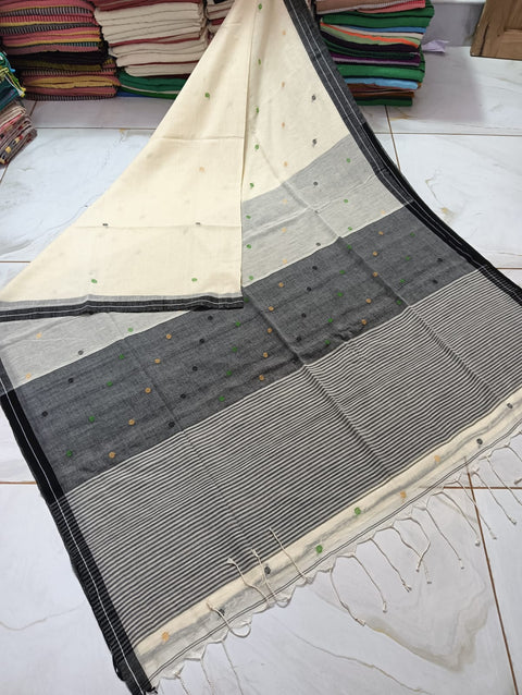 Cotton Jamdani Saree With Dobby Weaving - Cream & Black