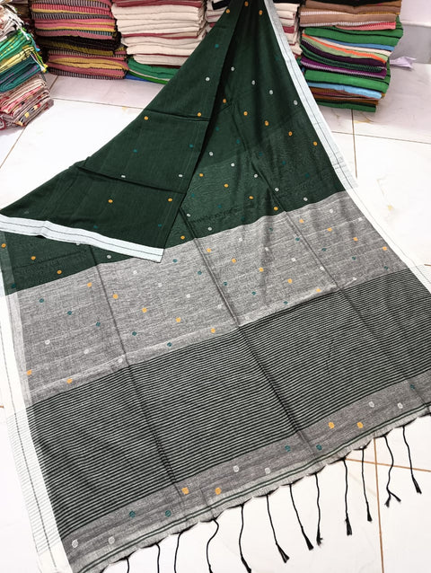 Cotton Jamdani Saree With Dobby Weaving - Green & Grey