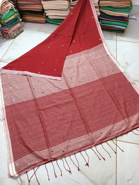 Cotton Jamdani Saree With Dobby Weaving - Red