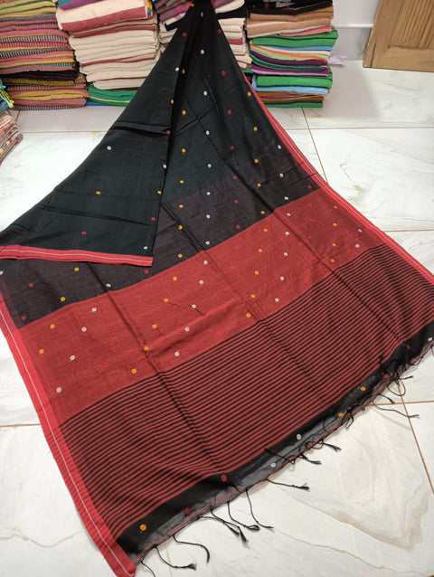 Cotton Jamdani Saree With Dobby Weaving - Black & Red
