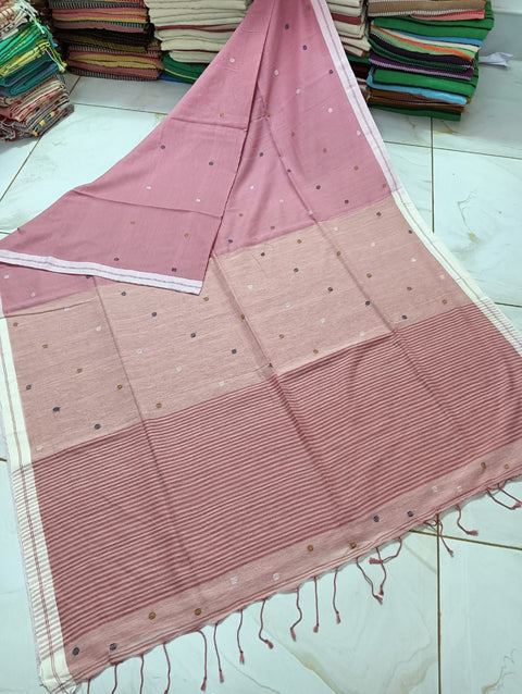 Cotton Jamdani Saree With Dobby Weaving - Pink