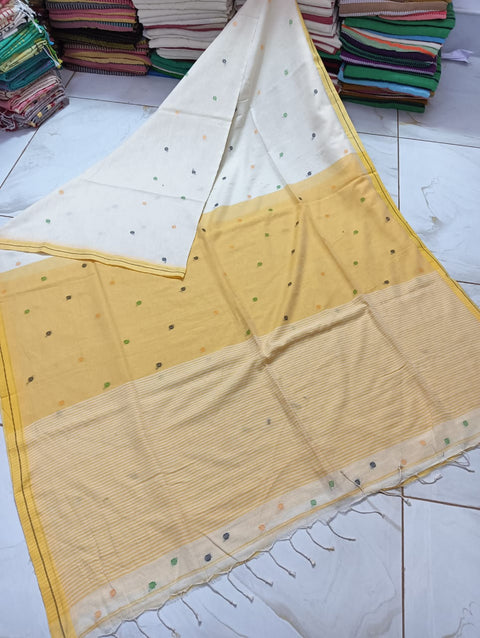 Cotton Jamdani Saree With Dobby Weaving - White & Yellow