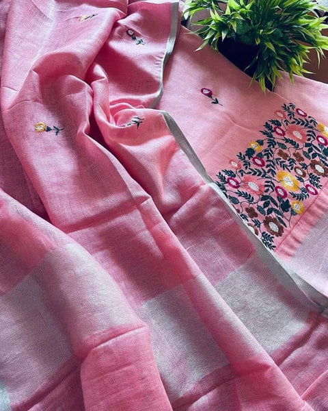 Embroidery Work Linen Cotton Dress Material - Pink Colour