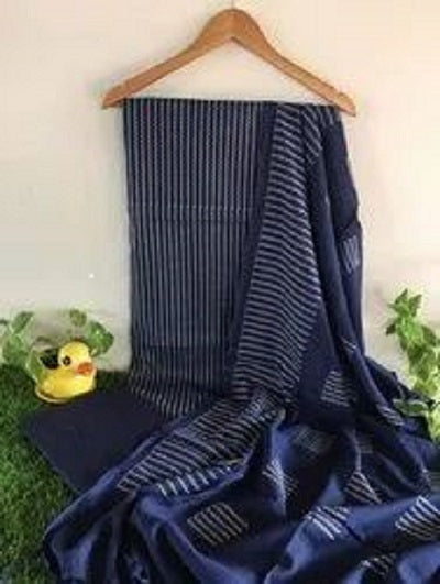 Cotton Linen Dress Material - Navy Blue Color