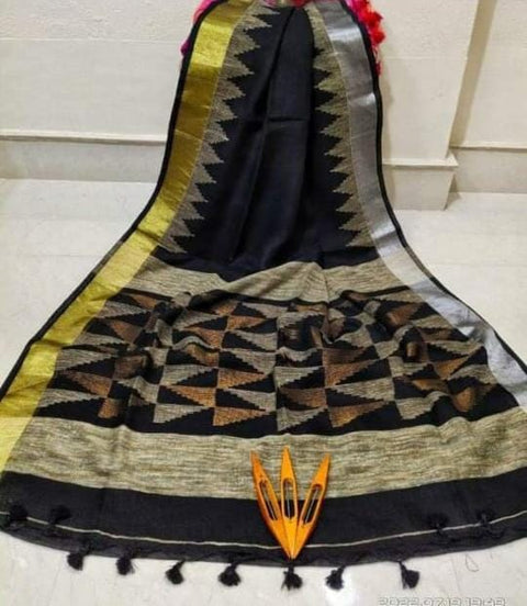 Linen Jamdani Saree with Matching Blouse Piece - Black Color
