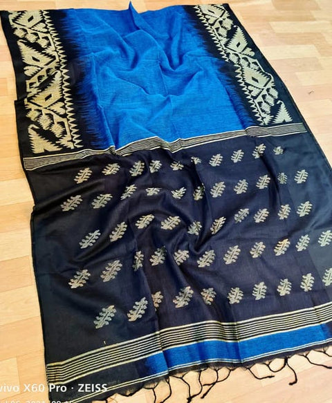 Linen Weaving Saree with Unstitched Blouse - Black and Blue Color Combination