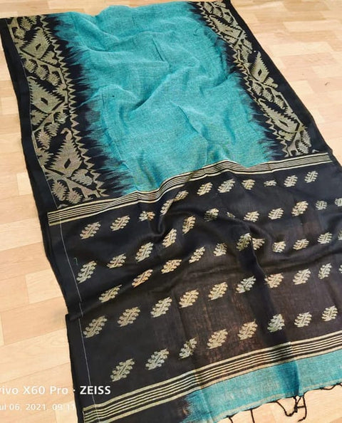 Linen Weaving Saree with Unstitched Blouse - Black and Sky Blue Color Combination
