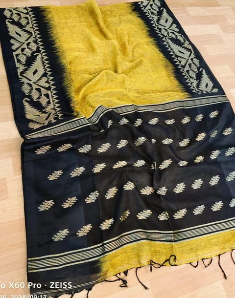 Linen Weaving Saree with Unstitched Blouse - Black and Yellow Color Combination