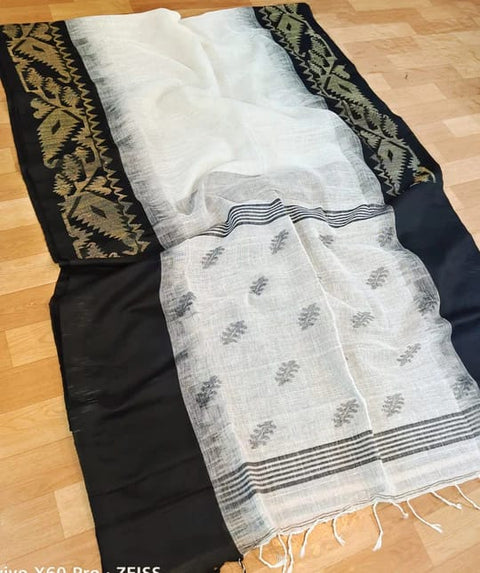 Linen Weaving Saree with Unstitched Blouse - Black and White Color Combination