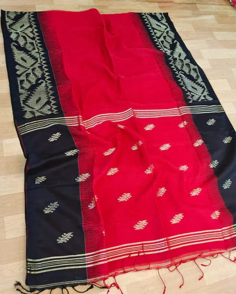 Linen Weaving Saree with Unstitched Blouse - Black and Red Color Combination