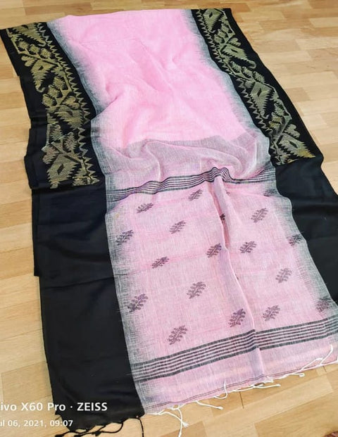 Linen Weaving Saree with Unstitched Blouse - Black and Pink Color Combination