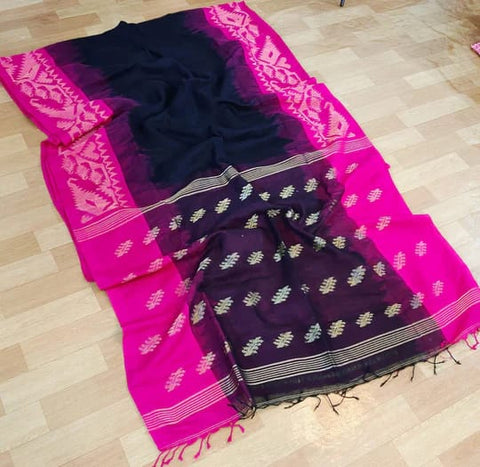 Linen Weaving Saree with Unstitched Blouse - Pink and Black Color Combination