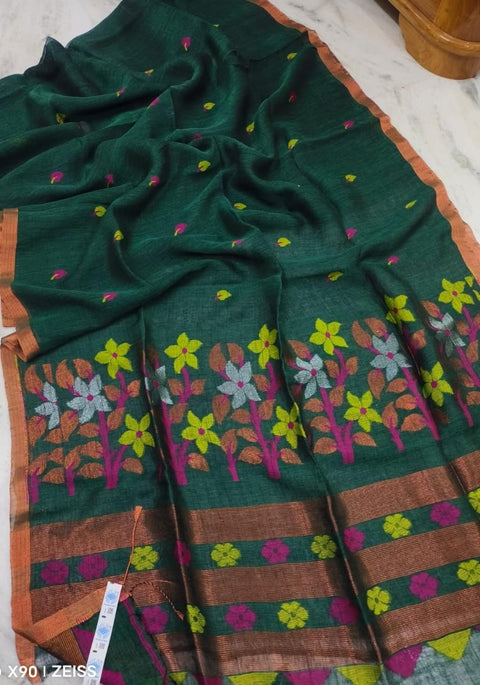 Linen Weave Saree with Matching Unstitched Blouse Piece - Green Color
