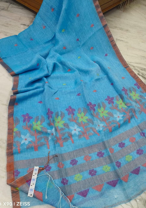लिनन बुनाई साड़ी मैचिंग अनस्टिच्ड ब्लाउज पीस के साथ - नीला रंग