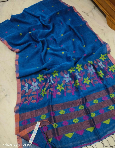 Linen Weave Saree with Matching Unstitched Blouse Piece - Blue Color