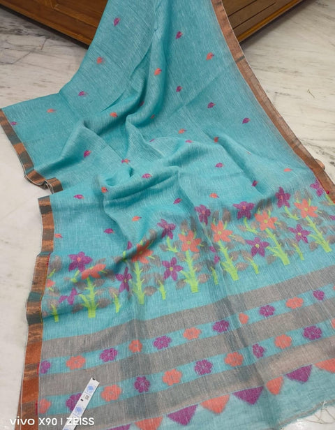 Linen Weave Saree with Matching Unstitched Blouse Piece - Sky Blue Color